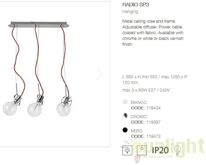 Lustra suspendata cu 3 pendule design modern RADIO SP3 BIANCO 119434