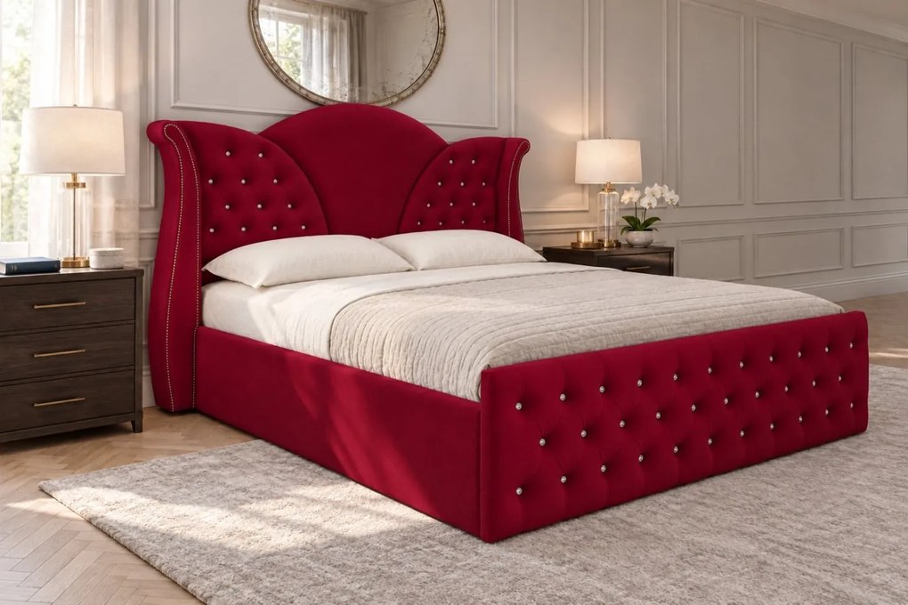 Pat tapițat Chesterfield din catifea Velora Cristal 160×200 cm, vișiniu, cu ladă de depozitare