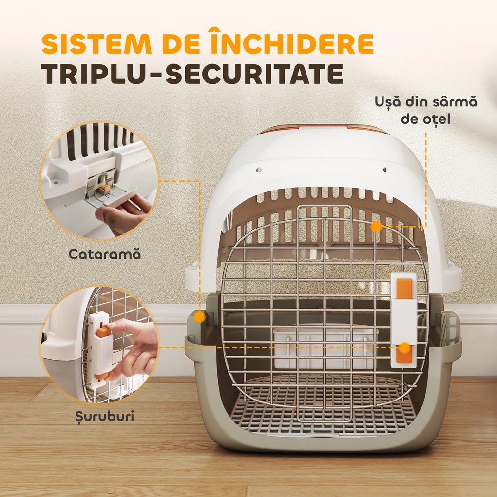 PawHut Transportor pentru Pisici și Câini Mici din Plastic, cu Fereastră Superioară, Ușă din Oțel, Bol pentru Hrană, pentru Animale max 4 kg, 49x32x31 cm, Gri | Aosom Romania