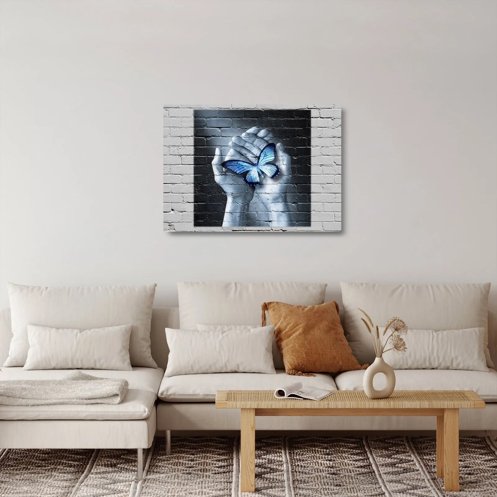 Tablou pe sticlă - Fluture pe perete (70x50 cm)