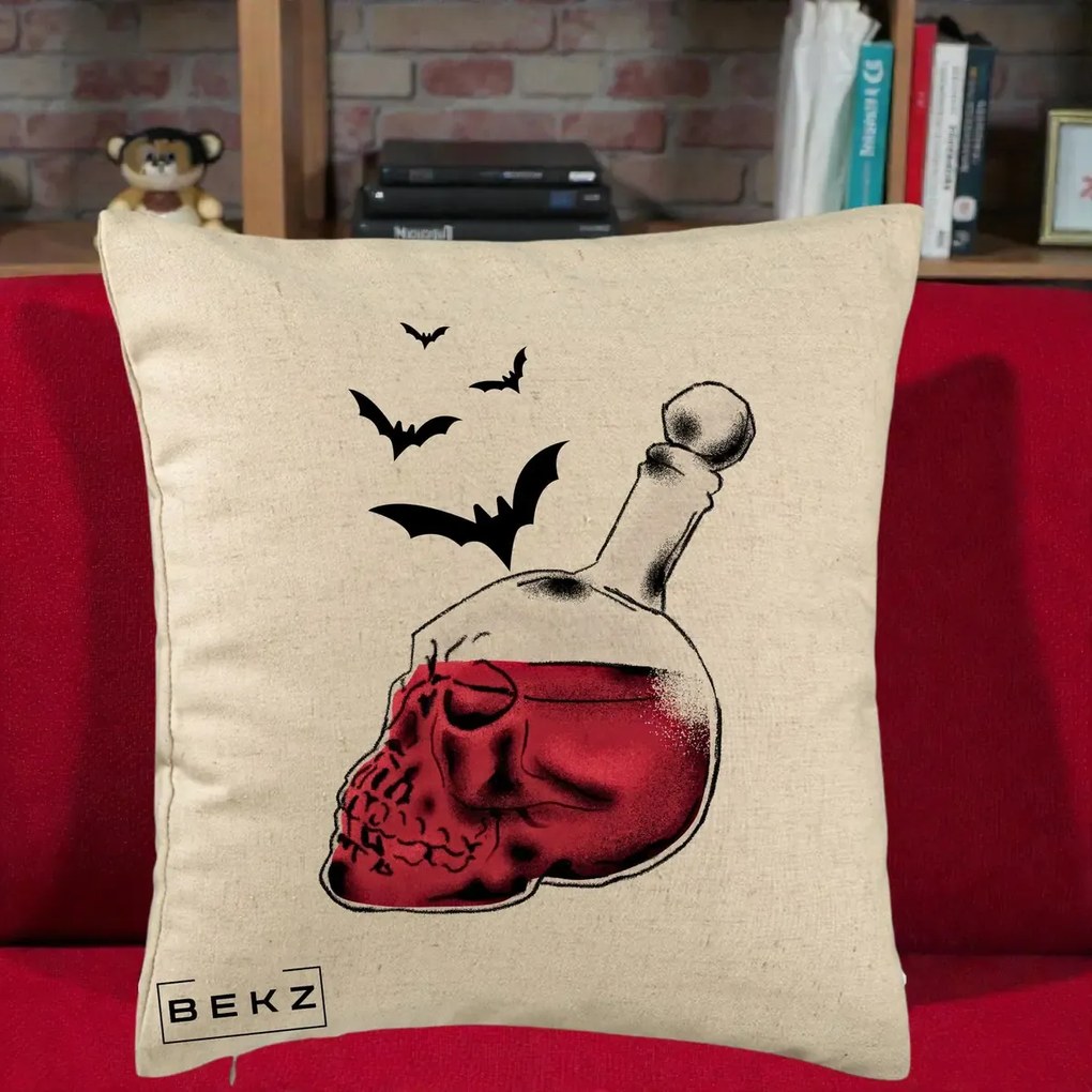 Perna Decorativa Halloween Craniu-Sticla cu Lilieci, 40x40 cm, Bej, Husa Detasabila, Perna Inclusa, BEKZ®