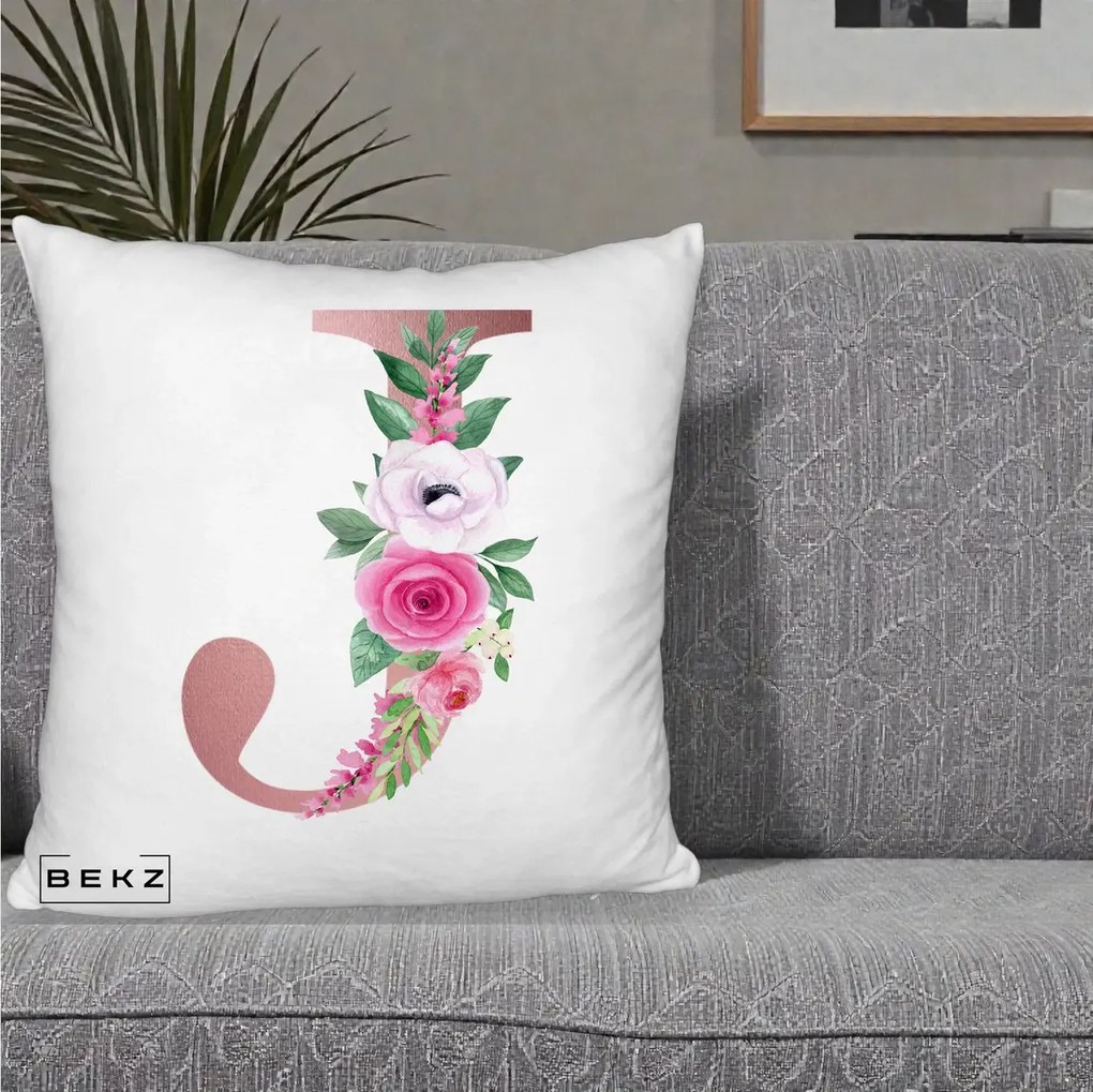Cadou Personalizat - Perna Personalizata Monograma Rose Gold Litera J, 40x40 cm, Alb Pufos, Husa Detasabila, Perna Inclusa, BEKZ®