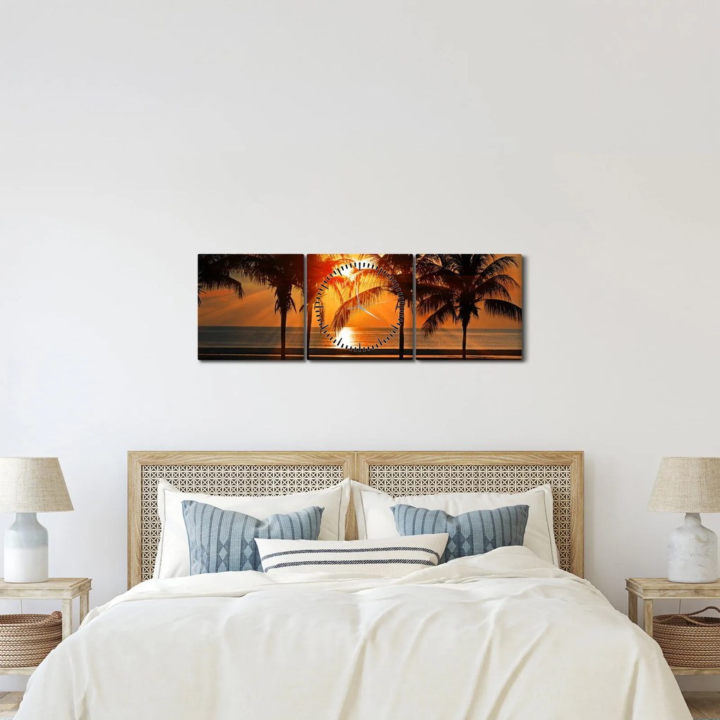 Tablou cu palmier în apus de soare (cu ceas) (90x30 cm)