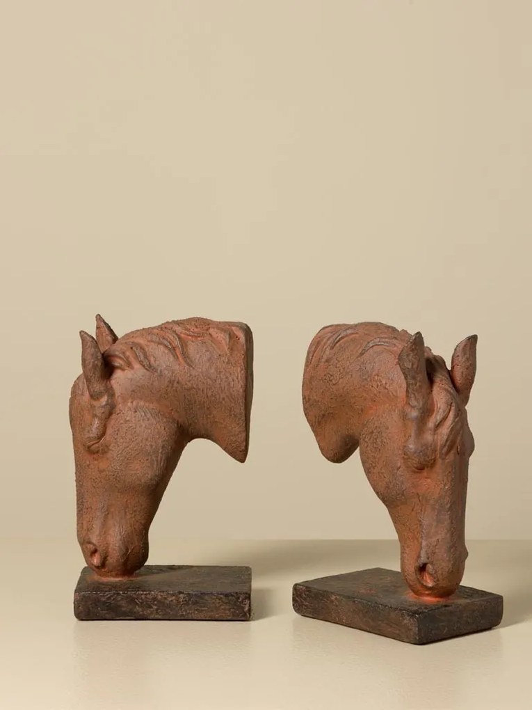 Set 2 suporturi pentru cărți din rășină, maro ruginiu, model cap de cal pe bază dreptunghiulară, finisaj patinat, 20,5 x 25,5 x 8,5 cm, „Cheval”