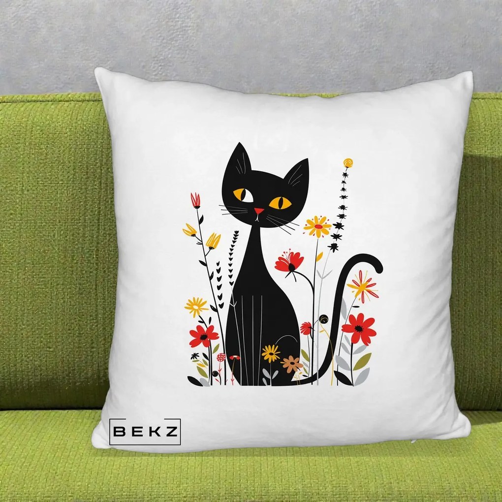 Perna Decorativa Pisica Neagra Ochi Galbeni Flori, 40x40 cm, Alb Pufos, Husa Detasabila, Perna Inclusa, BEKZ®