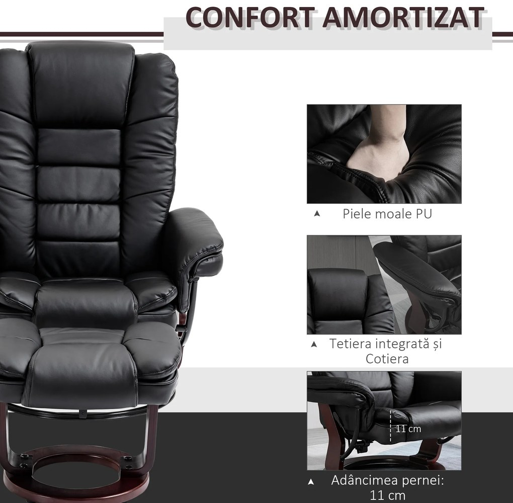 HOMCOM Set Fotoliu Relax si Pouf Suport pentru Picioare, Pivotant la 360° cu Tetiera si Cotiere, Negru | Aosom Romania