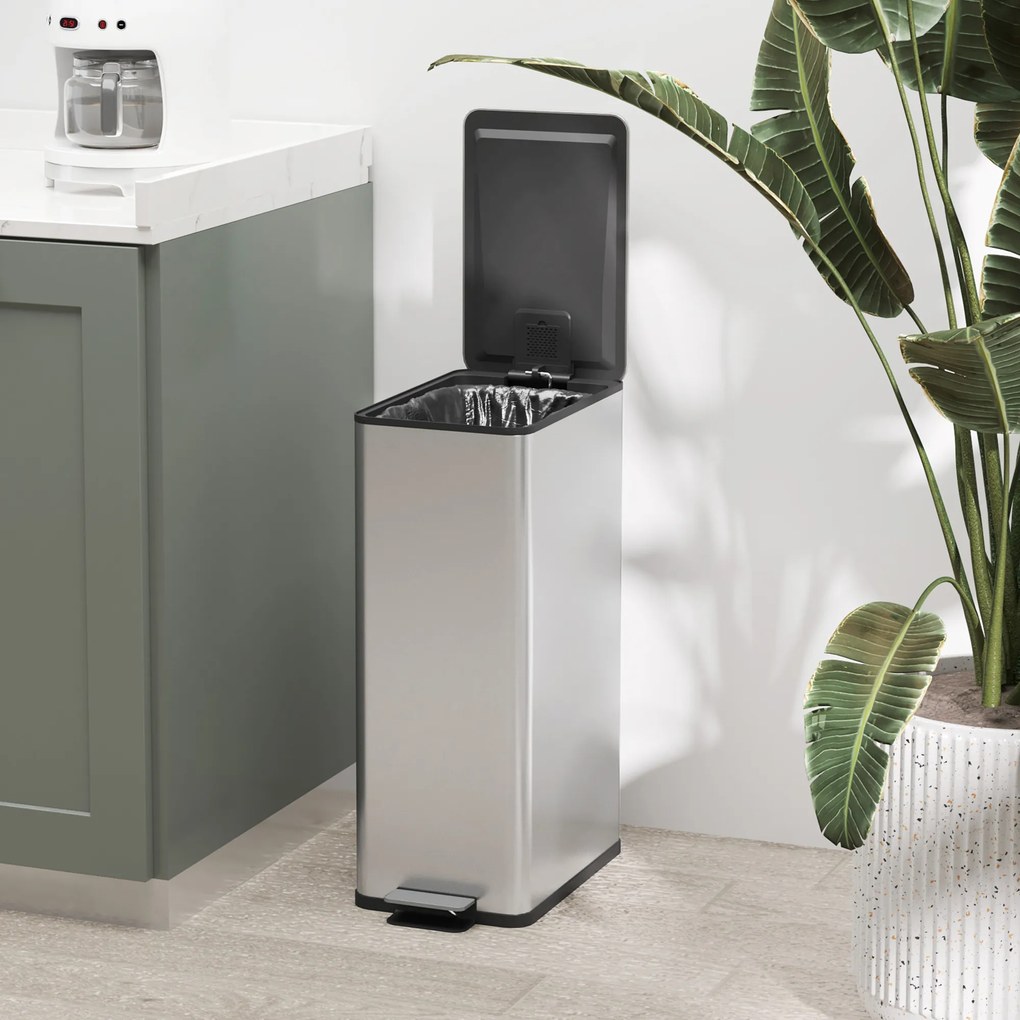 HOMCOM Coș de Gunoi de 20L Antiamprentă cu Închidere Lentă și Găleată Detașabilă, Coș cu Pedală, pentru Bucătărie, Living, Birou și Studiu, 21.5x37.2x57 cm, Argintiu | Aosom Romania