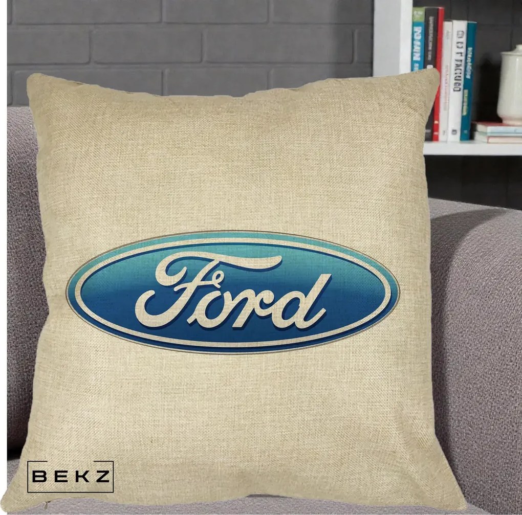 Perna Personalizata cu emblema Ford, 40x40 cm, Crem, Husa Detasabila, Perna Inclusa, BEKZ®
