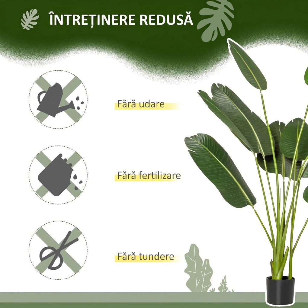 HOMCOM Bananier Artificial 160 cm cu Ghiveci și 10 Frunze Realiste, Plantă Artificială Tropicală pentru Decorațiuni Interioare și Exterioare, Verde | Aosom Romania