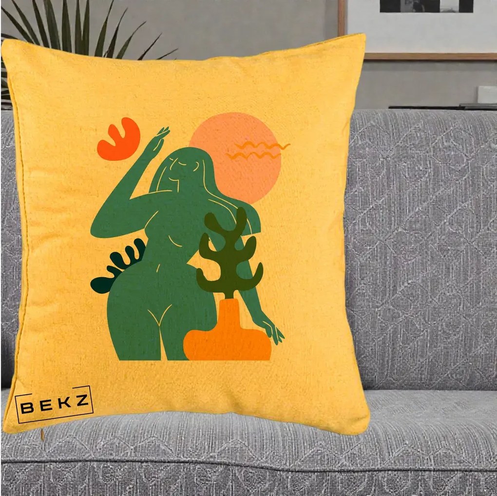 Perna Decorativa Femeie Albastra Cactus, 40x40 cm, Galben, Husa Detasabila, Perna Inclusa, BEKZ®
