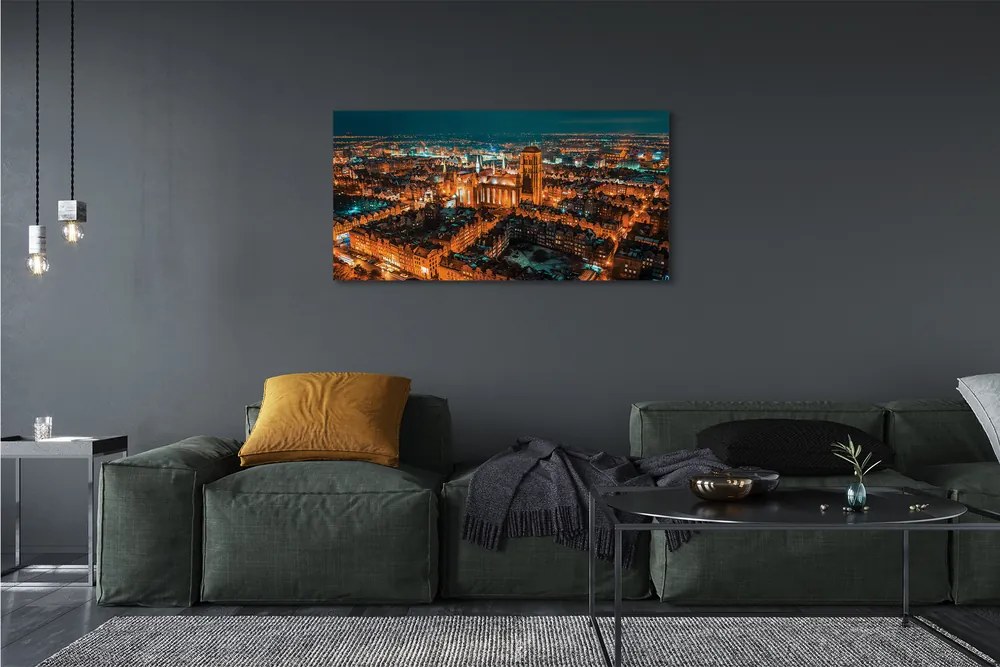 Tablouri canvas panorama de noapte a bisericii Gdańsk