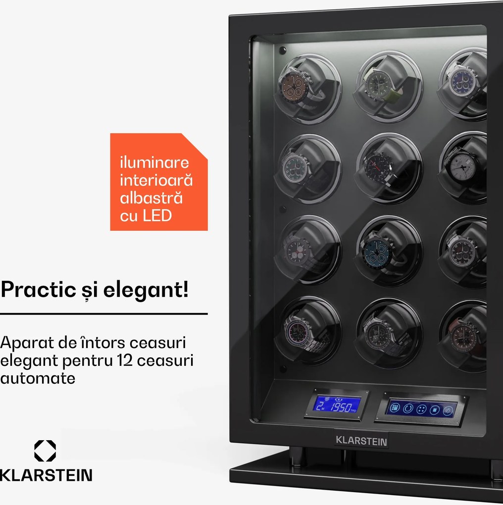 Klarstein Verdon 12 rotatoare pentru ceasuri, 12 ceasuri, 3 moduri, 5 viteze, LED, telecomandă