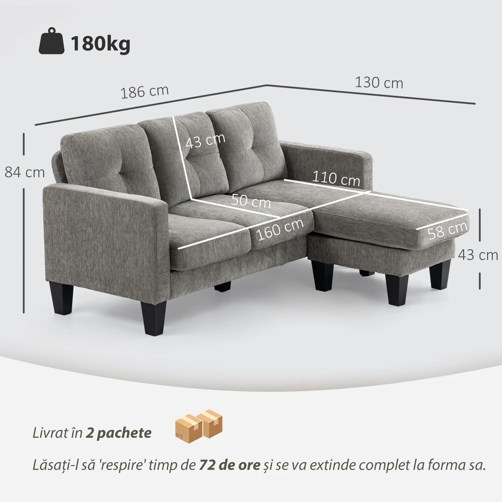 HOMCOM Canapea Colțar Extensibil cu Șezlong Reversibil, Pernă pentru Șezut și Spătar și 3 Locuri, 186x130x84 cm, Maro | Aosom Romania