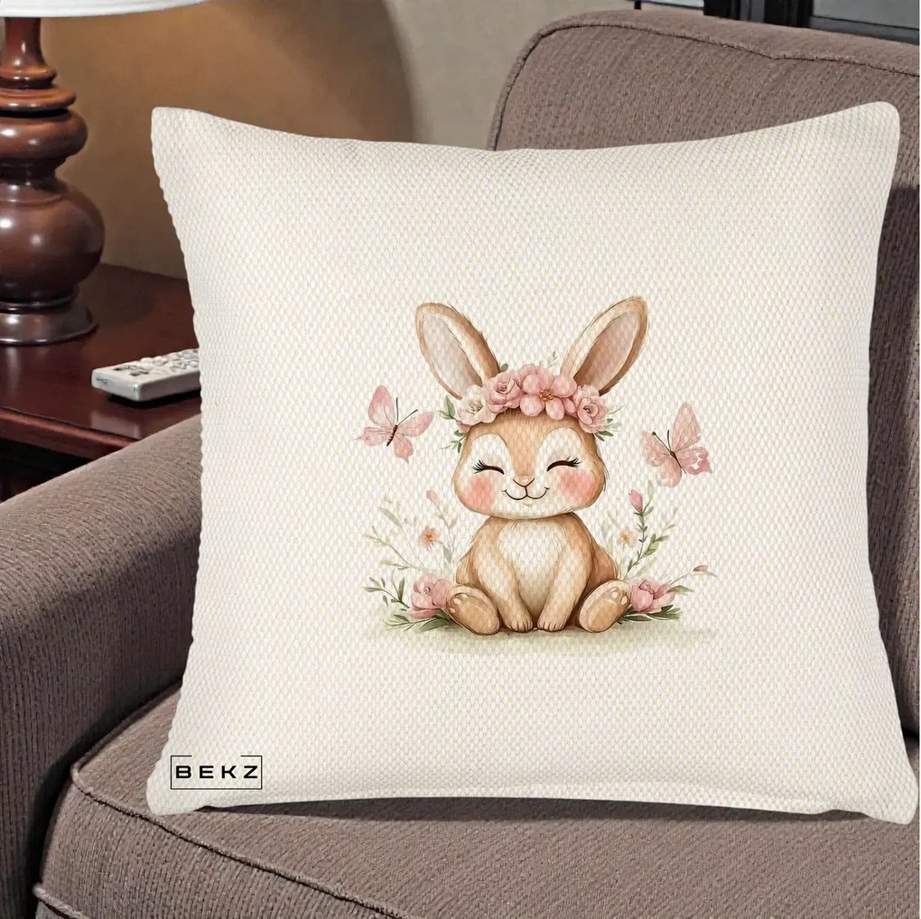 Perna Decorativa Iepuras cu Coronita Florala Roz, 40x40 cm, Crem Reliefat, Husa Detasabila, Perna Inclusa, BEKZ®