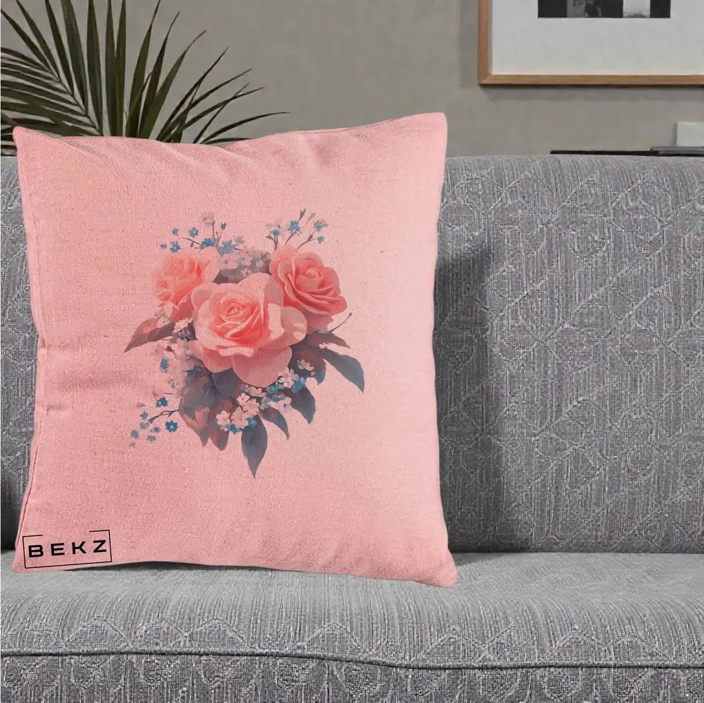 Perna Decorativa Trandafiri Roz cu Floricele Albastre, 40x40 cm, Roz, Husa Detasabila, Perna Inclusa, BEKZ®