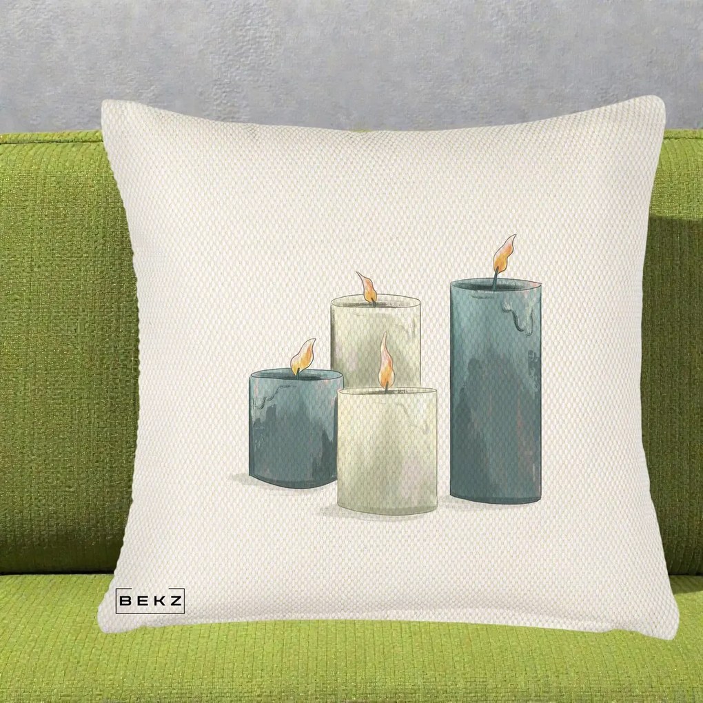 Perna Decorativa Lumanari Hygge Alb-Verde, 40x40 cm, Crem Reliefat, Husa Detasabila, Perna Inclusa, BEKZ®
