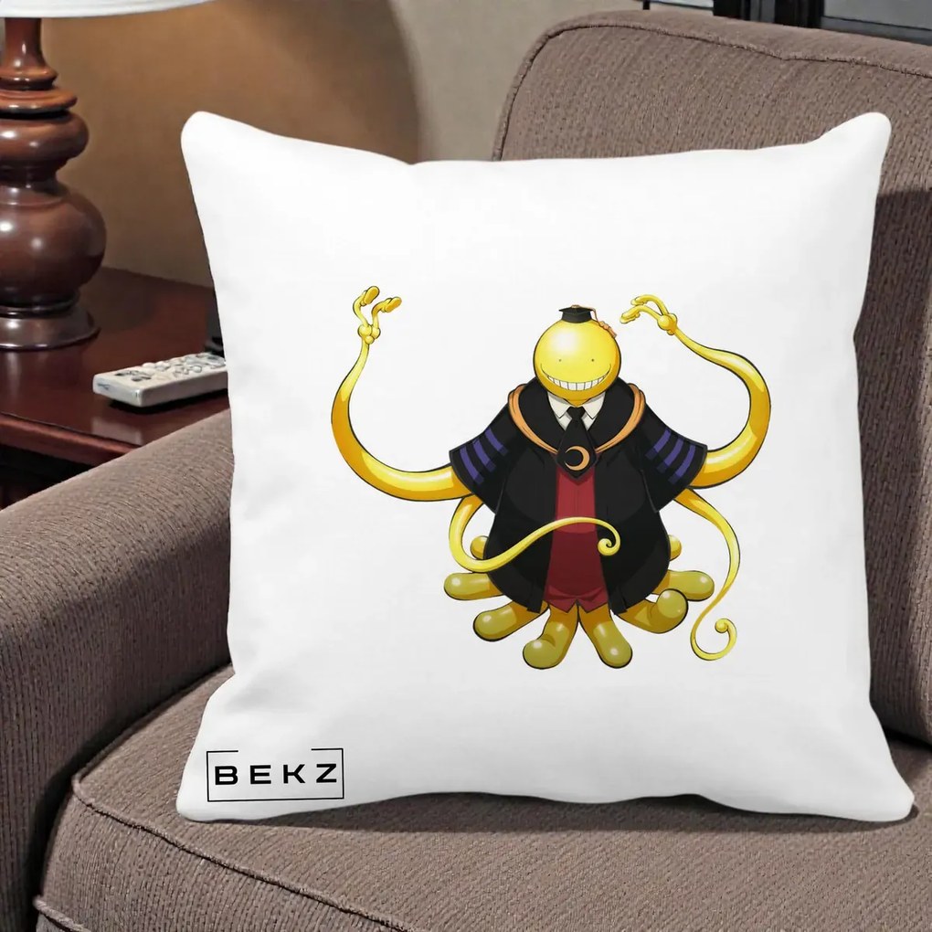 Perna Personalizata Assassination Classroom Koro-sensei, 40x40 cm, Alba Mata, Husa Detasabila, Perna Inclusa, BEKZ®
