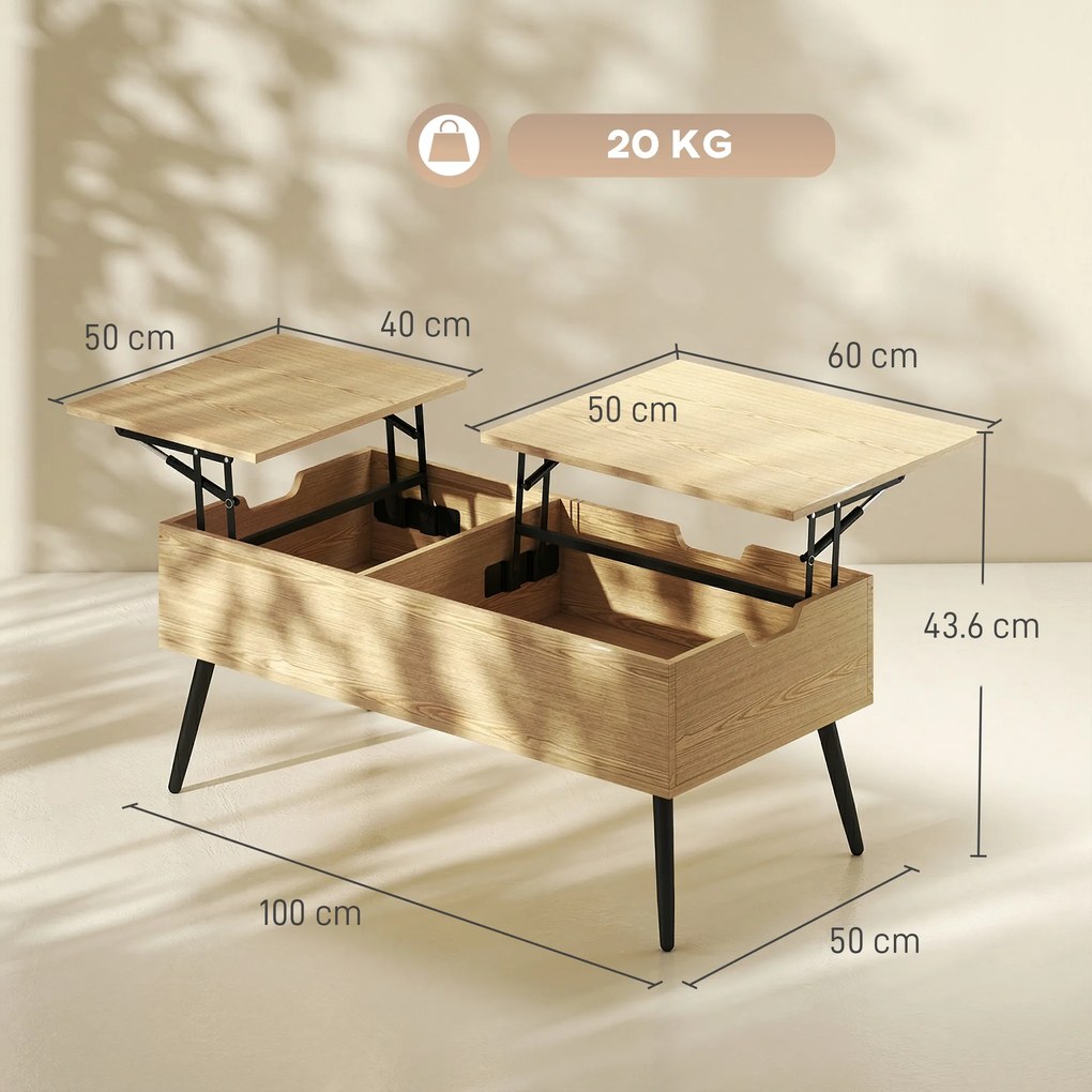HOMCOM Masă de cafea rabatabilă cu dublu blat, masă de living cu compartiment ascuns și picioare din metal, lemn natural | Aosom Romania
