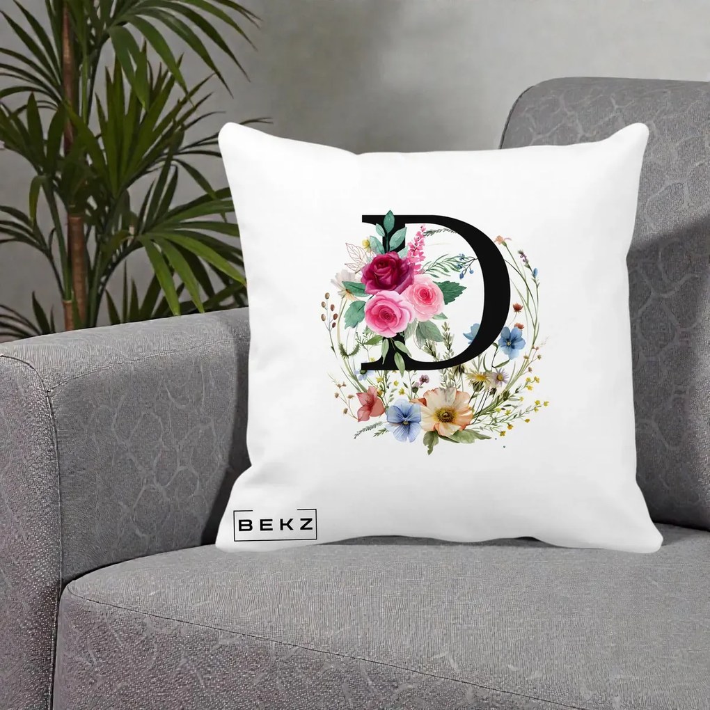 Cadou Personalizat - Perna Personalizata Monogram Litera D cu Flori Acuarela, 40x40 cm, Alba Mata, Husa Detasabila, Perna Inclusa, BEKZ®