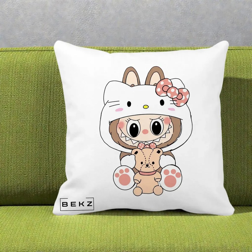 Perna Personalizata Labubu x Hello Kitty, 40x40 cm, Alba Mata, Husa Detasabila, Perna Inclusa, BEKZ®