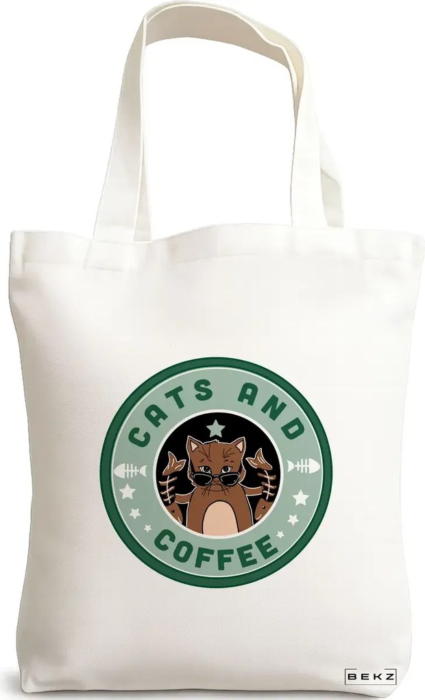 Sacosa de Panza pentru Cumparaturi, Geanta Tote, model Cats and Coffee, 38 x 34.5 cm, Alba, BEKZ®