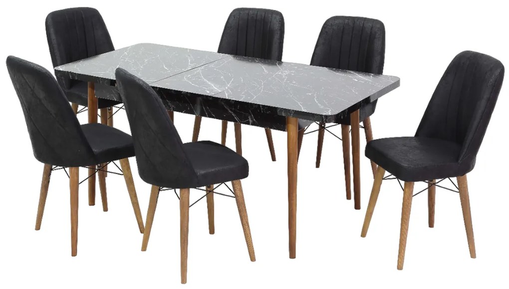 Set masa extensibila 80 x 130/170 cm cu 6 scaune, culoare negru