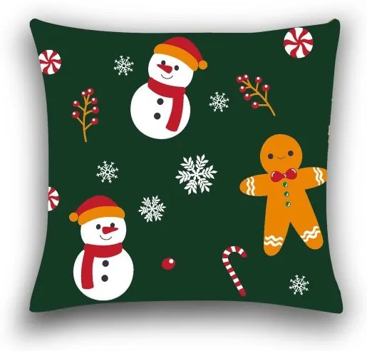 Set cadou pentru camera de zi SNOWMAN AND GINGERBREAD, patura si perne, verde