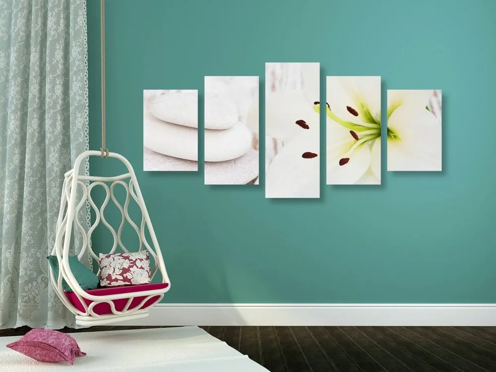 Tablou 5-piese crinul și pietre de masaj în design alb