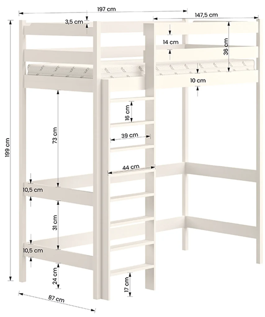 Pat Samio 80x190 copii supraetajat - culoare alb