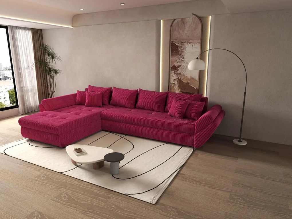 Colțar extensibil dumonde cu ladă de depozitare si sezut confortabil din spuma high-density, Loana XL Zoom Rosu 335x185 cm