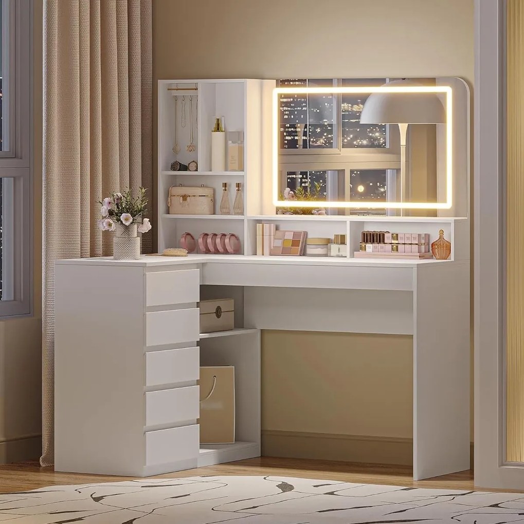 Masuta machiaj cu Oglinda LED si 5 Sertare pentru Cosmetice, Set Masa toaleta 120 cm, Alb, masuta cosmetica, vanity - SEA32