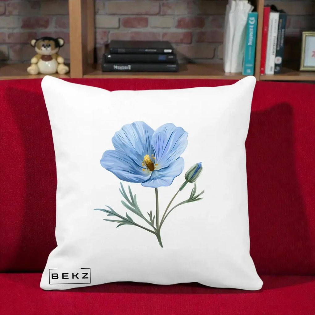 Perna Decorativa Mac Albastru Acuarela, 40x40 cm, Alba Mata, Husa Detasabila, Perna Inclusa, BEKZ®