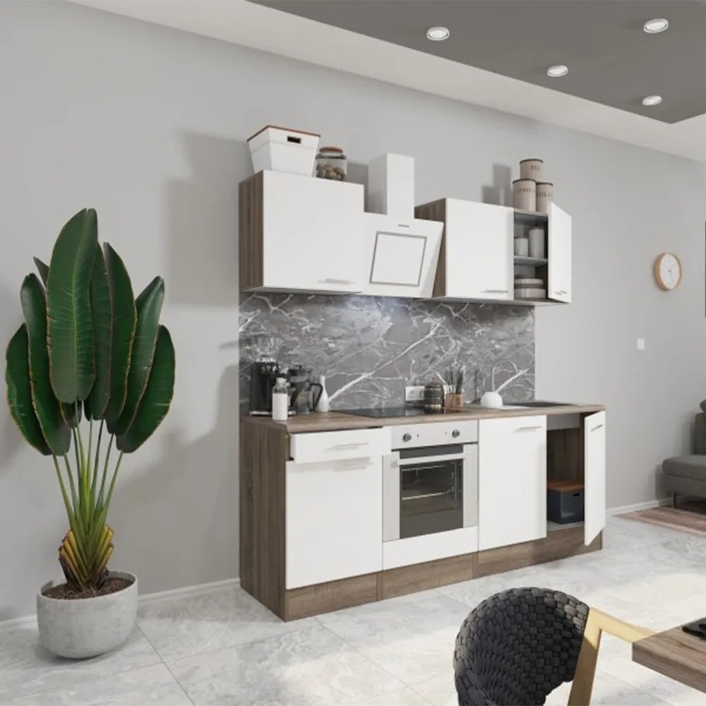 Mobilă de bucătărie Yorki 210, corp din stejar Yorki, față alb satinat cu element inferior al cuptorului