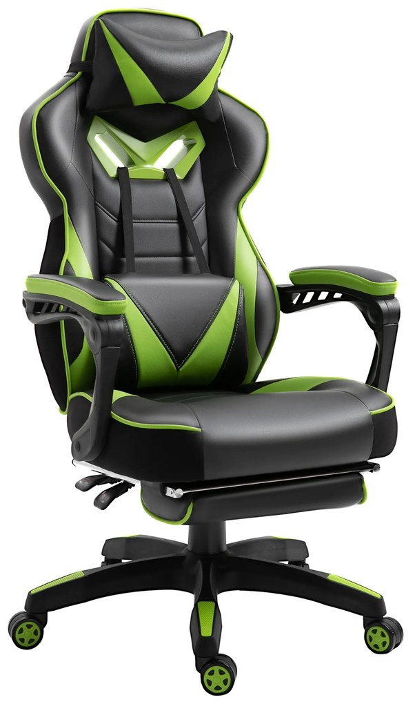 Vinsetto Scaun gaming ergonomic cu suport picioare, cap și lombar, fotoliu de birou confortabil, înălțime reglabilă, negru/verde | Aosom Romania