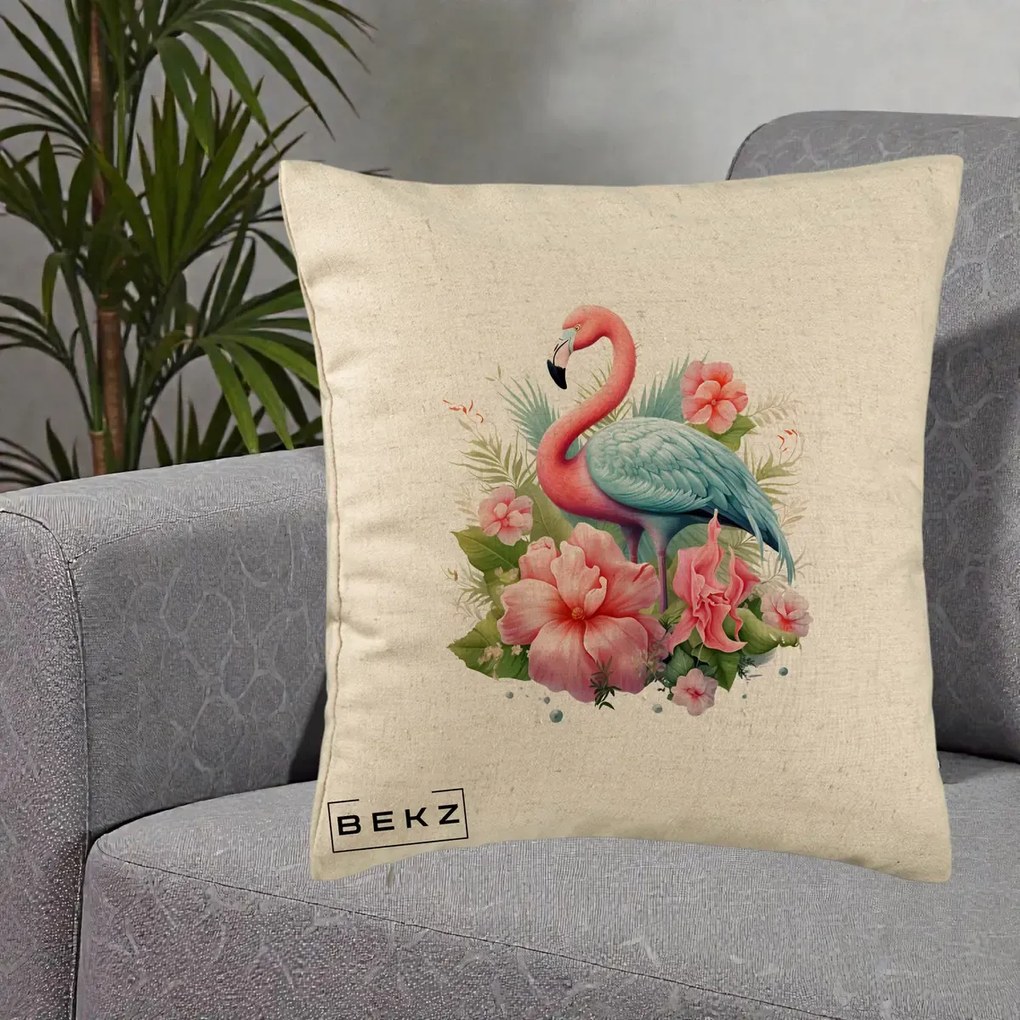 Perna Decorativa Flamingo cu Hibiscus Tropical, 40x40 cm, Bej, Husa Detasabila, Perna Inclusa, BEKZ®