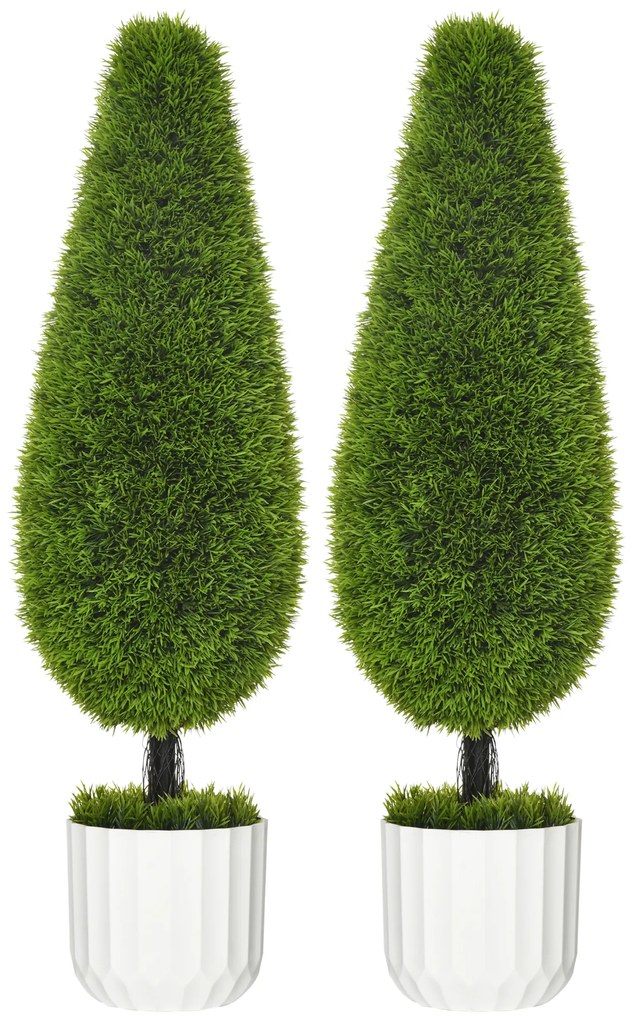 Set 2 Plante Artificiale cu Ghiveci de Ø12x16 cm, Muschi si Ciment, Plante Artificiale de 90cm din PE si Plastic, Verde-Alb HOMCOM | Aosom Romania