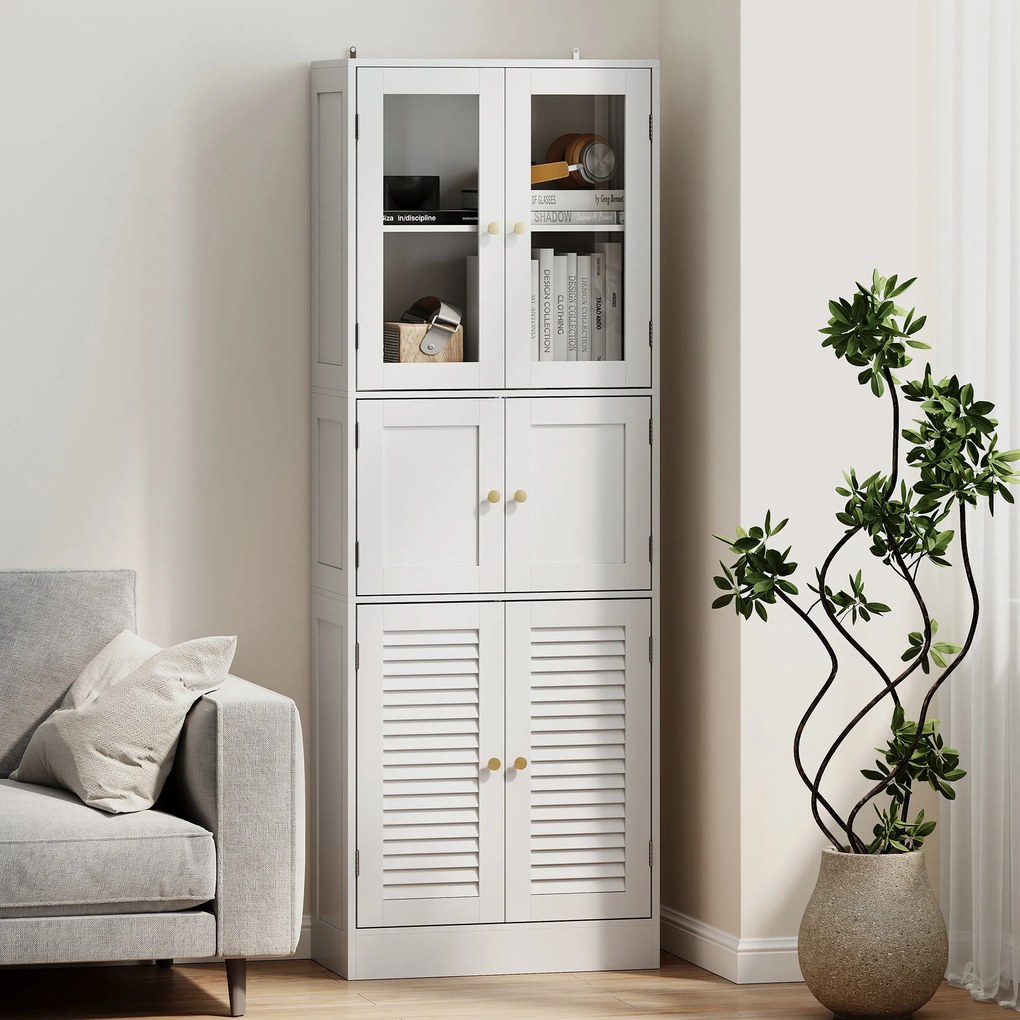 HOMCOM Dulap pentru baie cu 3 compartimente și 2 uși din sticlă și lemn, rafturi reglabile, 60x30x170 cm, alb | Aosom Romania