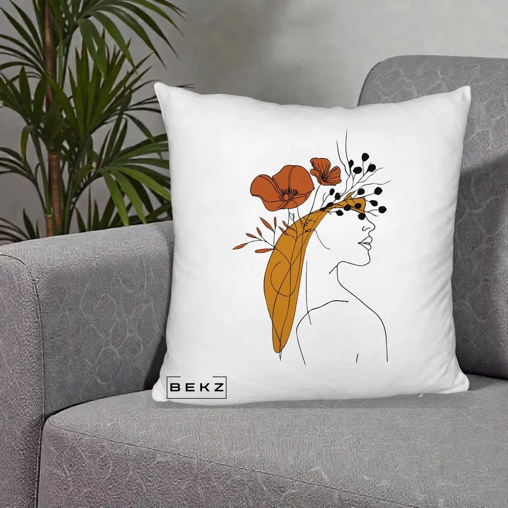 Perna Decorativa Portret Feminin Maci Rosii Auriu, 40x40 cm, Alb Pufos, Husa Detasabila, Perna Inclusa, BEKZ®
