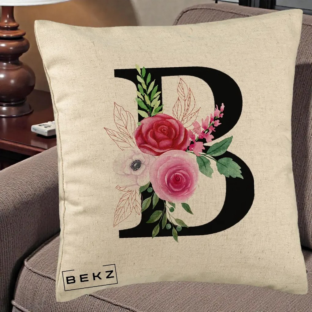 Cadou Personalizat - Perna Personalizata Monograma Florala Litera B, 40x40 cm, Bej, Husa Detasabila, Perna Inclusa, BEKZ®