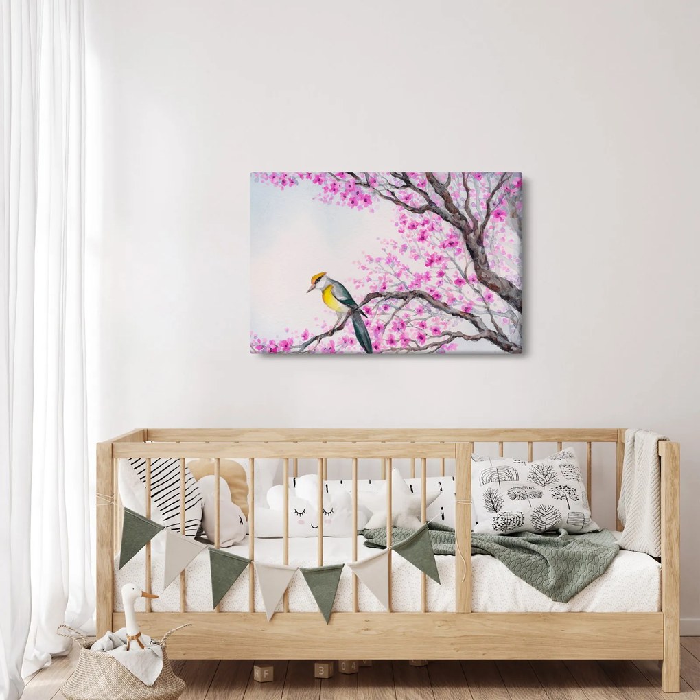Tablou - Pasăre pe un copac cu flori roz (90x60 cm)