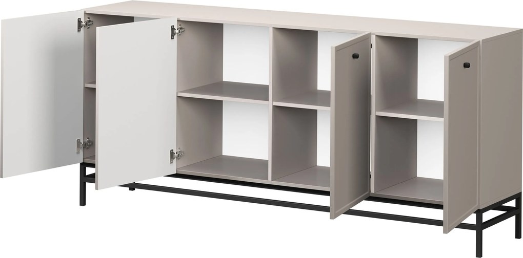 Comodă cu patru uși Lorini 200 cm - cașmir / mânere negre / cadru metalic