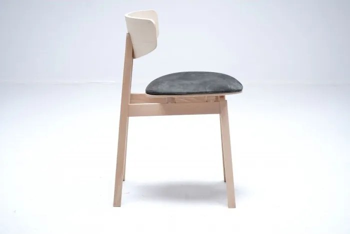 Scaun dining din lemn de stejar și stofă, natur, cu spătar curbat, șezut tapițat gri și picioare evazate, 77 x 50 x 51 cm, „Rive Gauche”