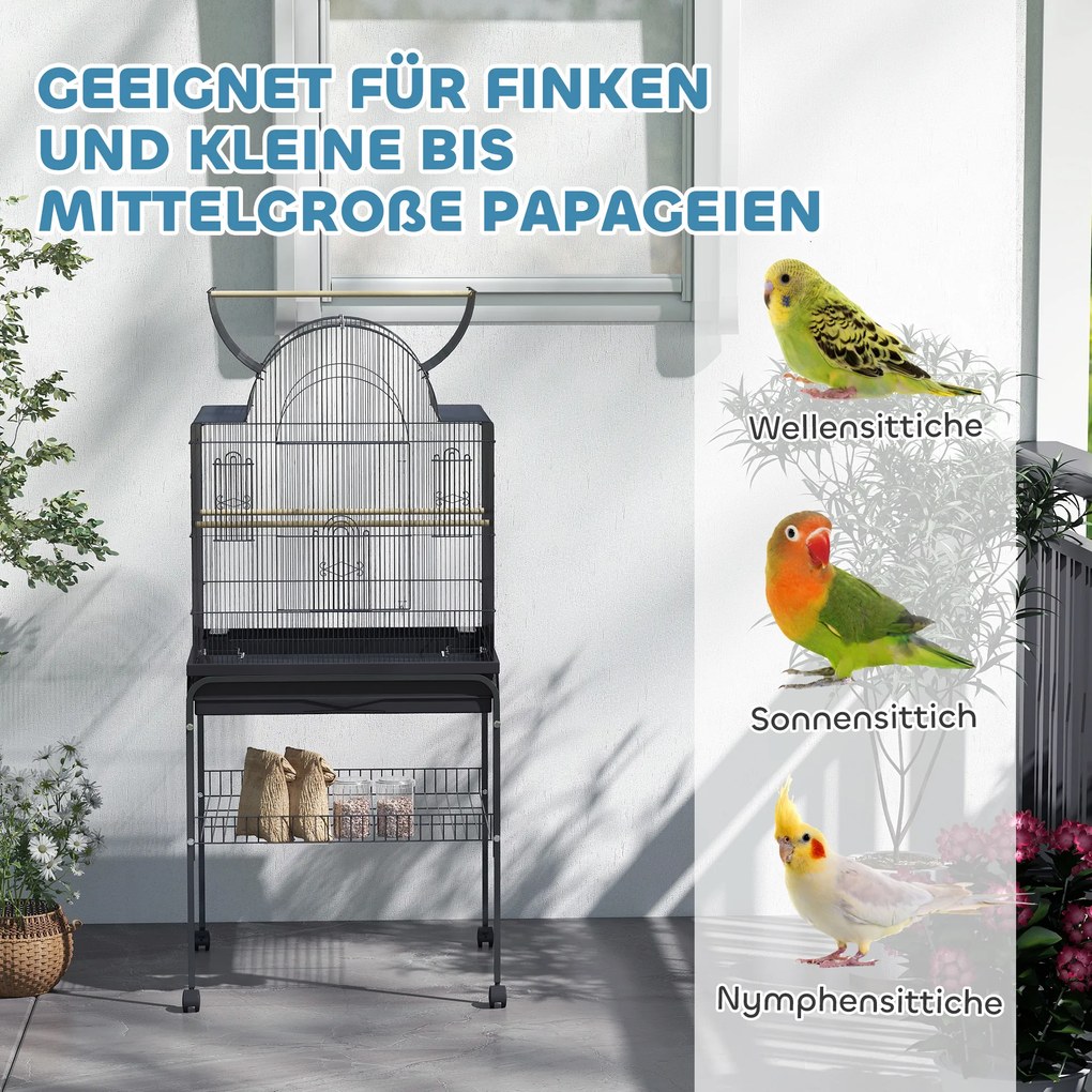PawHut Cușcă pentru serinari &amp; papagali, mobilă, cu raft, grilaj din metal, negru | Aosom Romania
