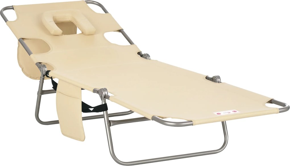 Outsunny Șezlong de grădină, scaun reclinabil cu deschidere căptușită pentru față, șezlong de masaj pentru exterior, buzunar lateral, material textil, metal, Bej | Aosom Romania