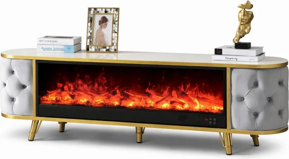 Șemineu electric cu efect LED realist cu 12 culori, Comodă TV cu design oval, control vocal și telecomandă, fără încălzire, 180 cm, Gri