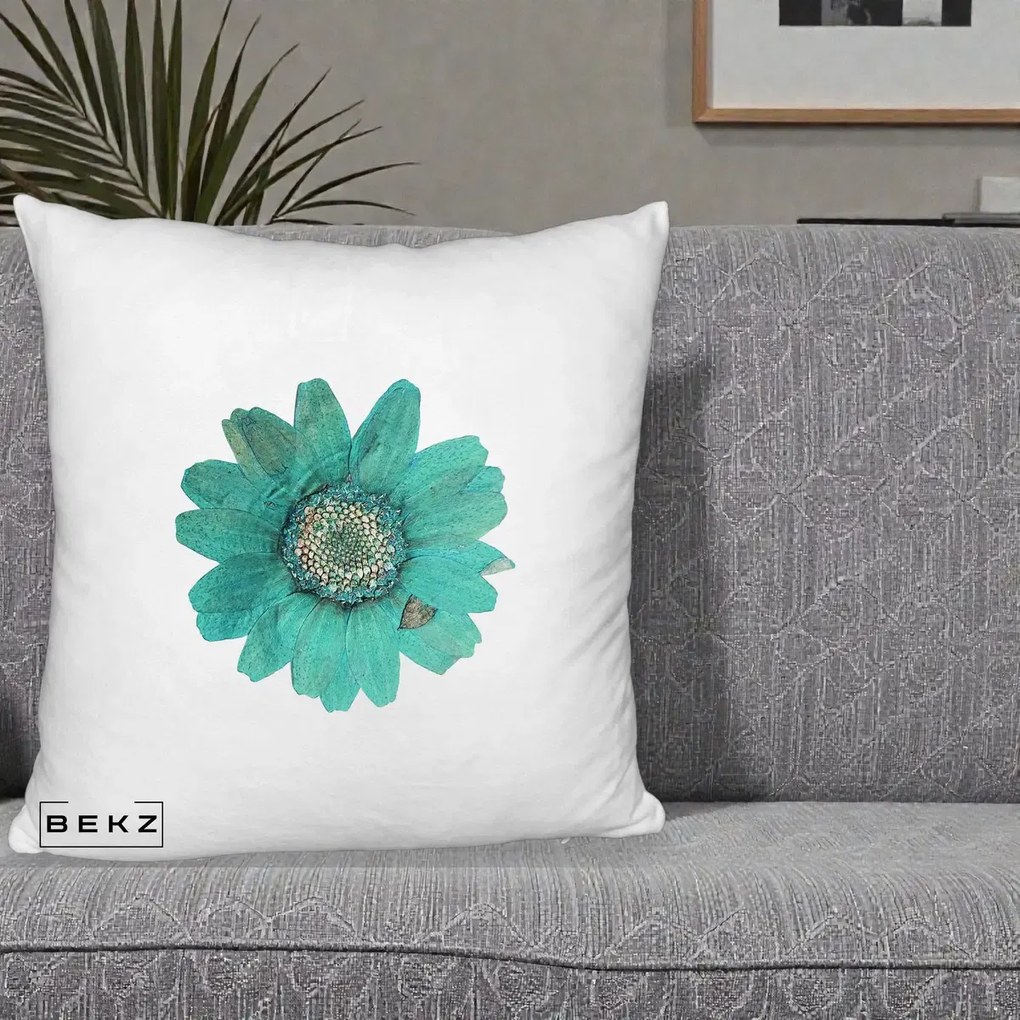 Perna Decorativa Floare Gerbera Teal Acuarela, 40x40 cm, Alb Pufos, Husa Detasabila, Perna Inclusa, BEKZ®