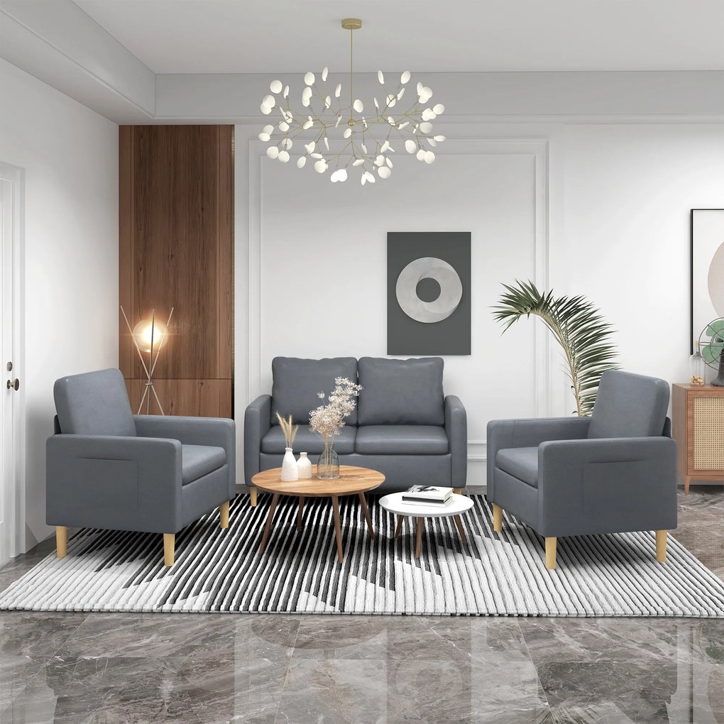 HOMCOM Canapea 2 locuri Tapițată în Poliester cu 2 Buzunare Laterale, Brațere și Picioare din Lemn 143x76x83 cm Gri | Aosom Romania