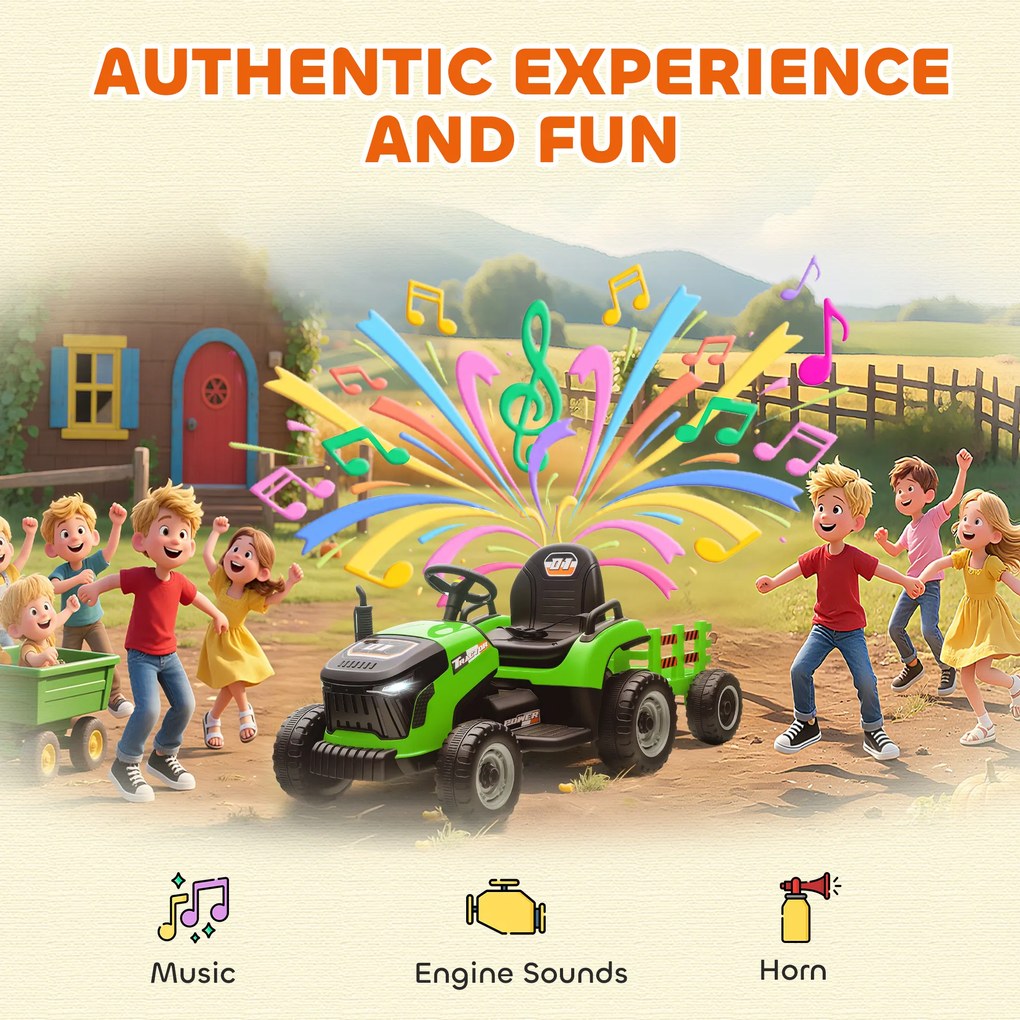 AIYAPLAY Tractor Electric 2 în 1 pentru Copii 3-8 Ani 12V cu Remorcă Detașabilă, Mașină Electrică pentru Copii cu Telecomandă, Centură de Siguranță, Muzică, Lumini LED și Claxon, Verde | Aosom Romania