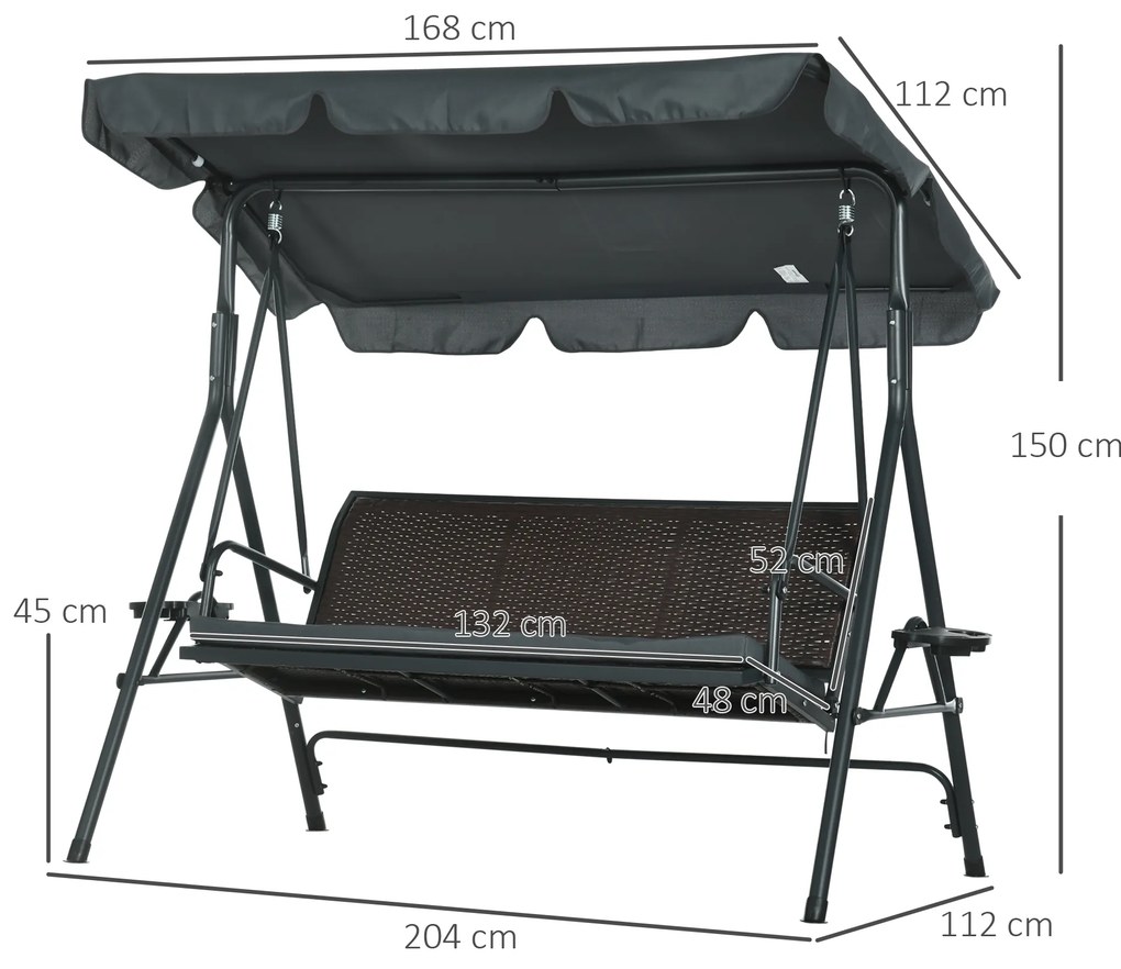 Outsunny Leagăn de Grădină de 3 Locuri cu Acoperiș Reglabil Suporturi pentru Pahar și Tăvițe Scaun 320 kg 204x112x150 cm Gri | Aosom Romania