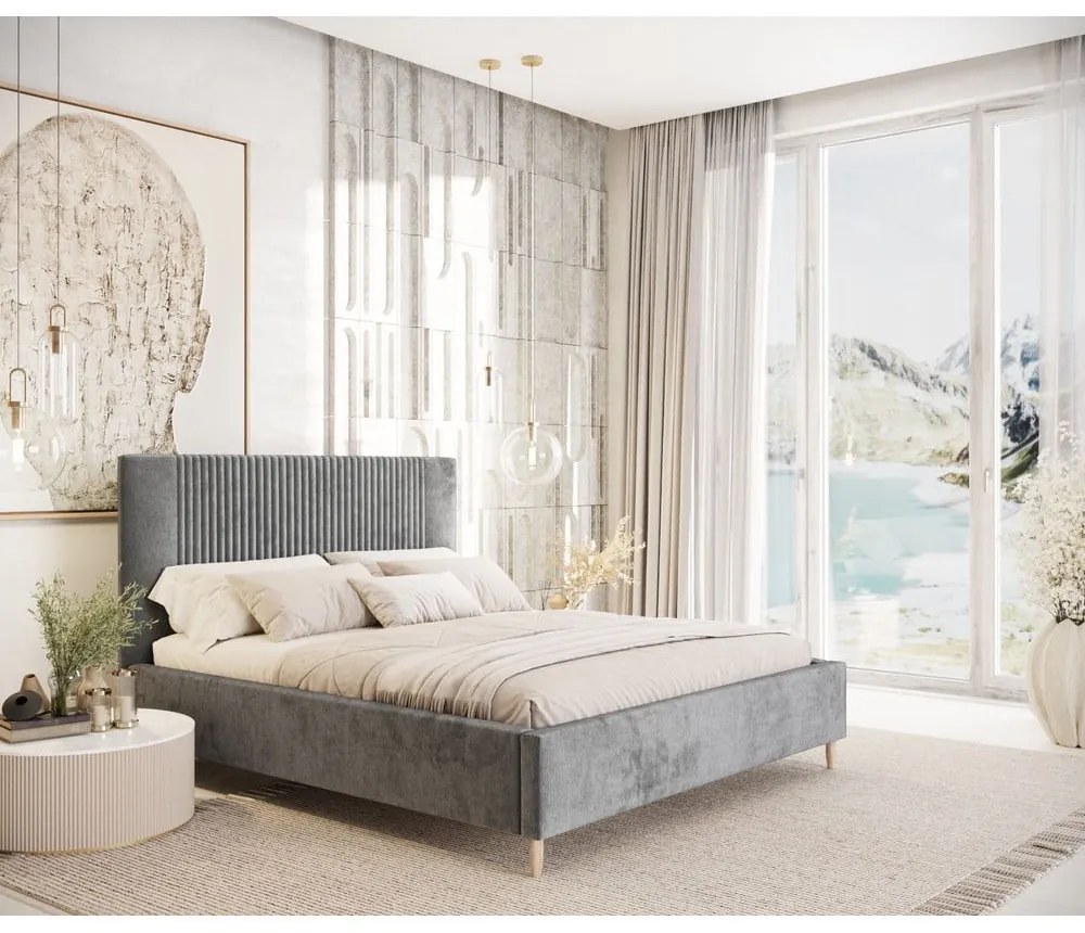 Pat matrimonial gri tapițat cu spațiu de depozitare cu somieră 180x200 cm Etero – Maison de Rêve